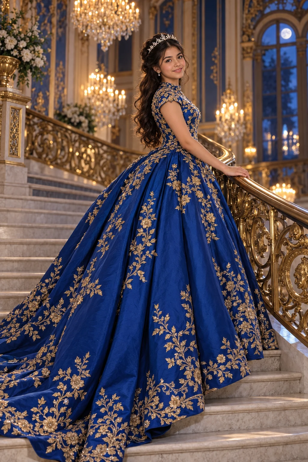 Isabella con un vestido azul bordado en oro, en la escalinata del palacio