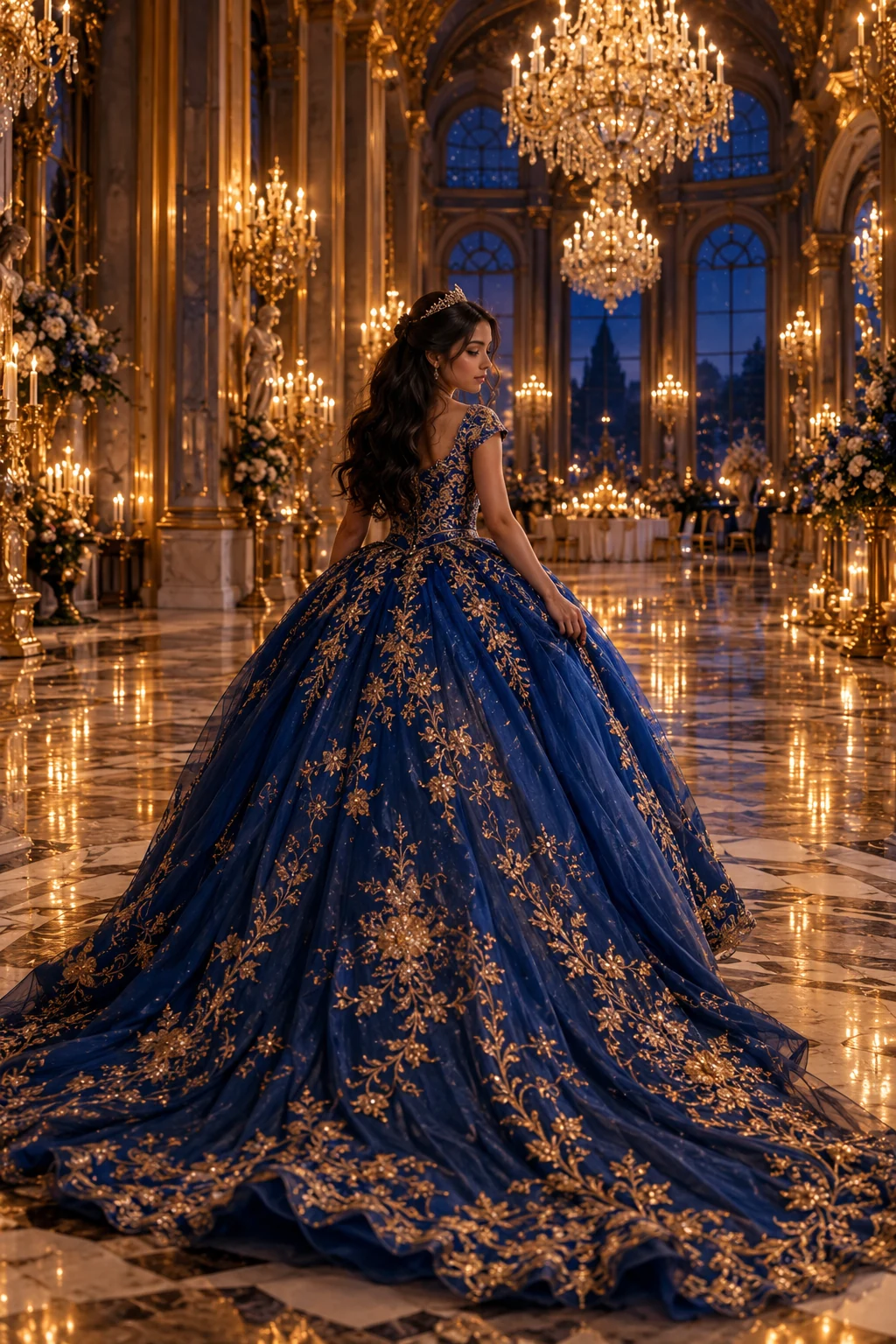 Isabella entrando al gran salón de baile bajo candelabros dorados